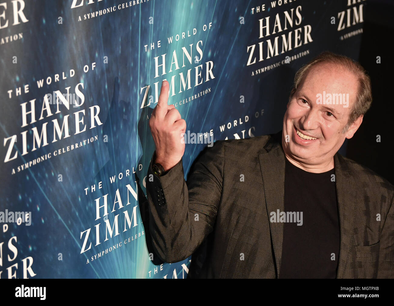 Berlin, Germany. 29 April 2018. Film music composer Hans Zimmer stands  during a press event on the Premiere The World of Hans Zimmer - A  Symphonic Celebration in the Mercedes-Benz Arena in