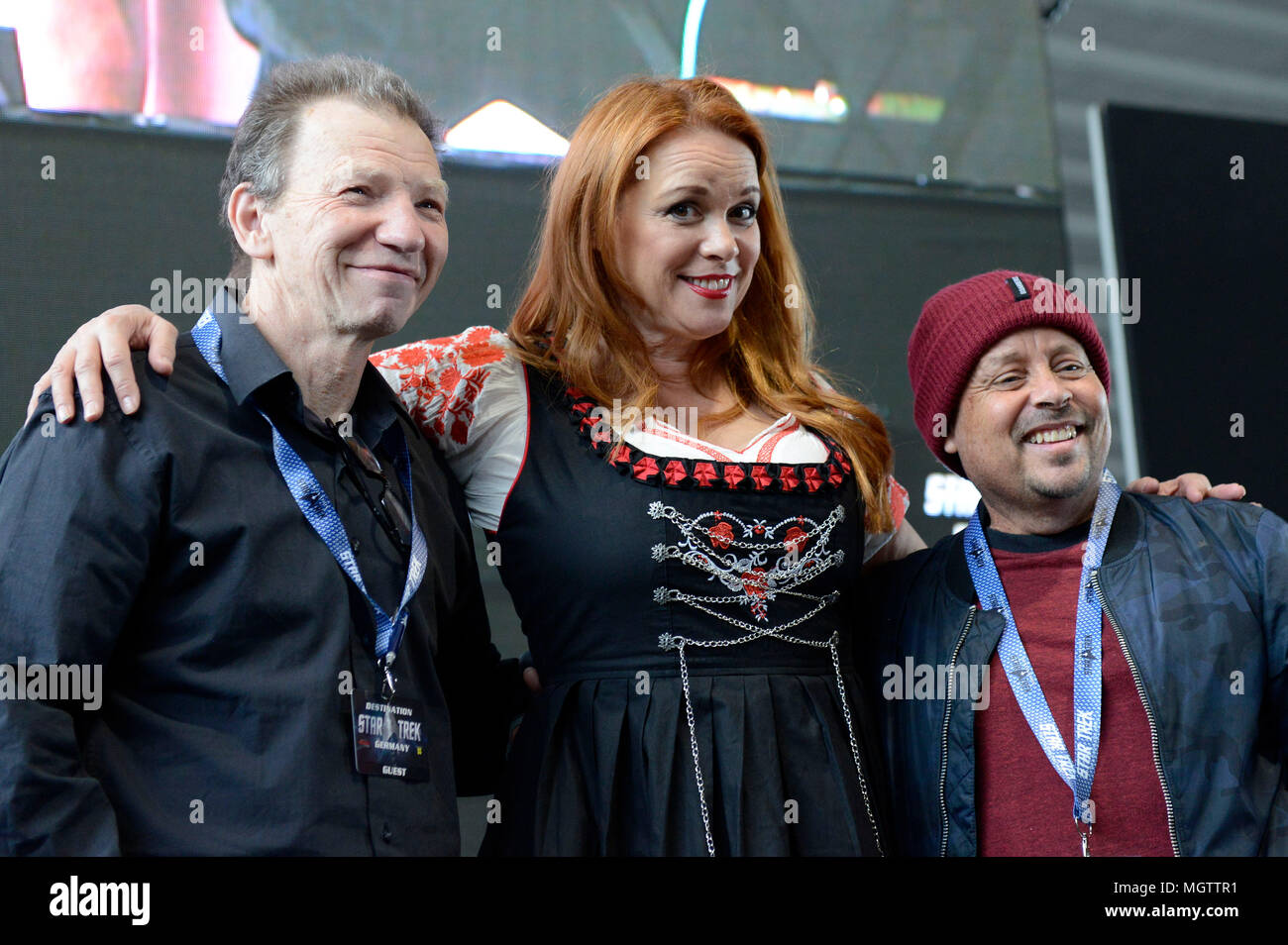 Dortmund, Germany. 27th Apr, 2018. Max Grodenchik, Chase Masterson and Aron Eisenberg at the Destination Star Trek Germany Convention in the Westfalenhalle. Dortmund, 27.04.2018 | usage worldwide Credit: dpa picture alliance/Alamy Live News Stock Photo