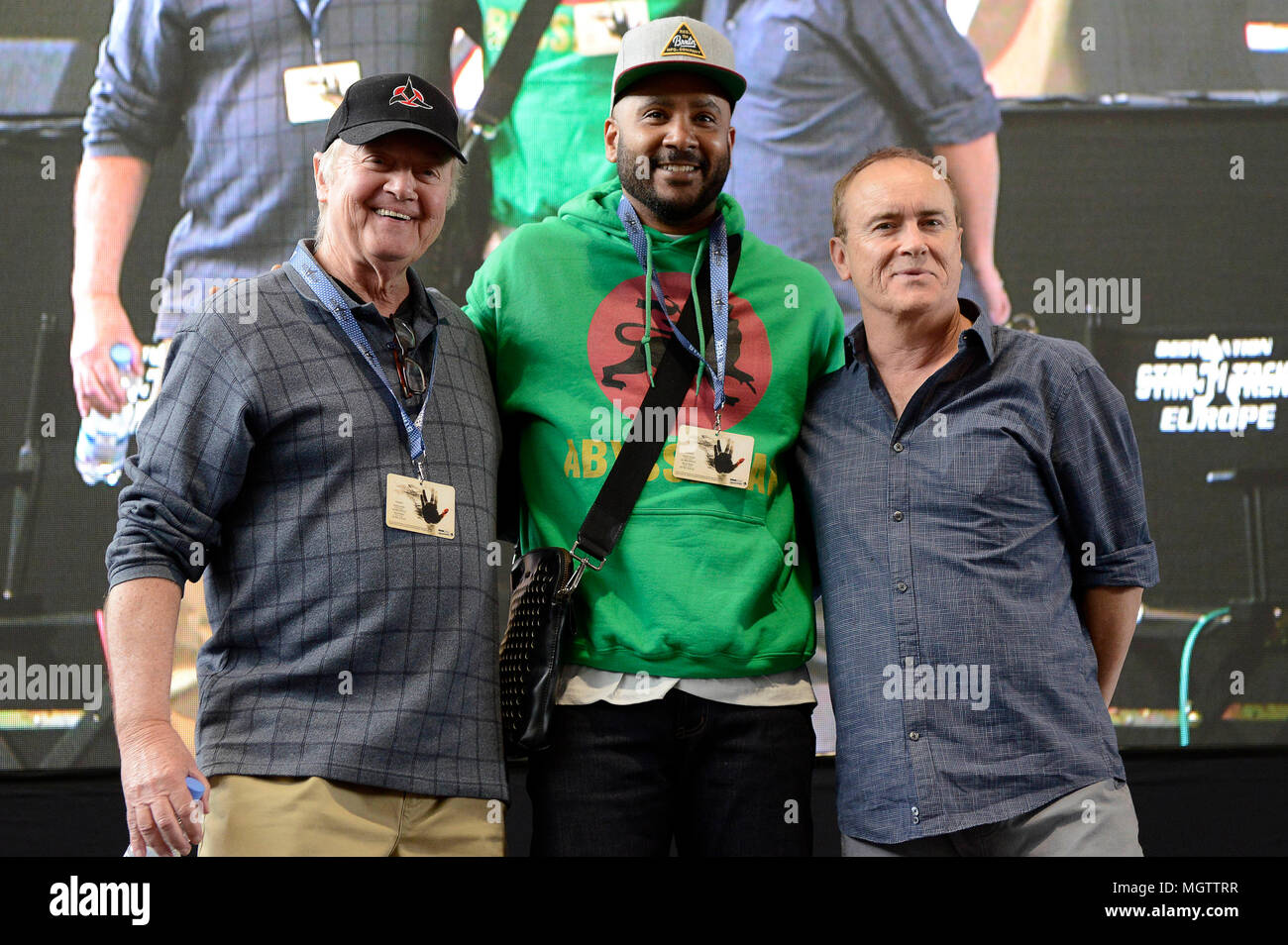 Dortmund, Germany. 27th Apr, 2018. Robert O'Reilly, Cirroc Lofton and Jeffrey Combs at the Destination Star Trek Germany Convention in the Westfalenhalle. Dortmund, 27.04.2018 | usage worldwide Credit: dpa picture alliance/Alamy Live News Stock Photo