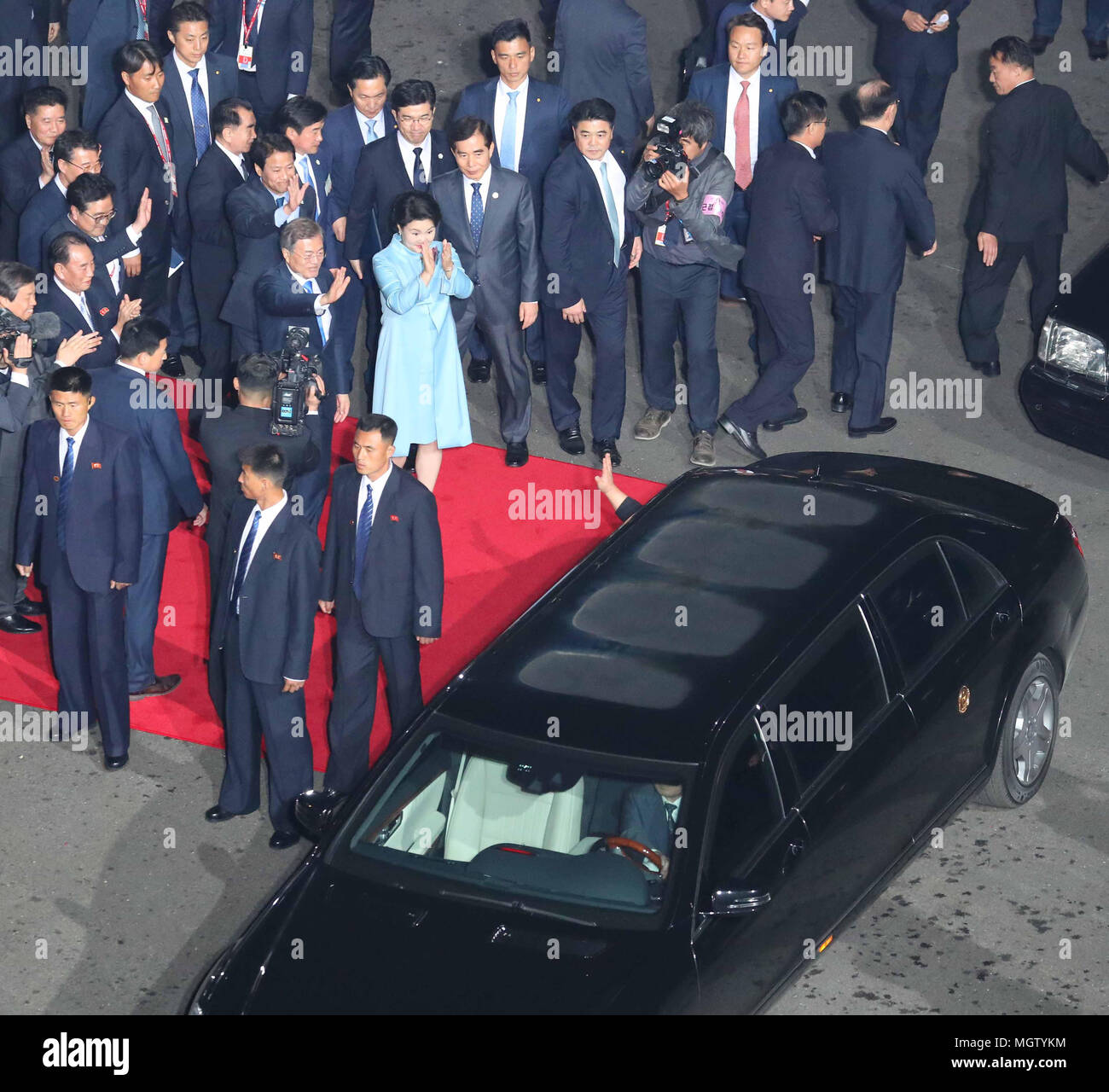 Kim Jong Un Apr 27 18 North Korean Leader Kim Jong Un In A Car Bids Farewell To South Korean President Moon Jae In L And His Wife Kim Jung Sook In Front Of The
