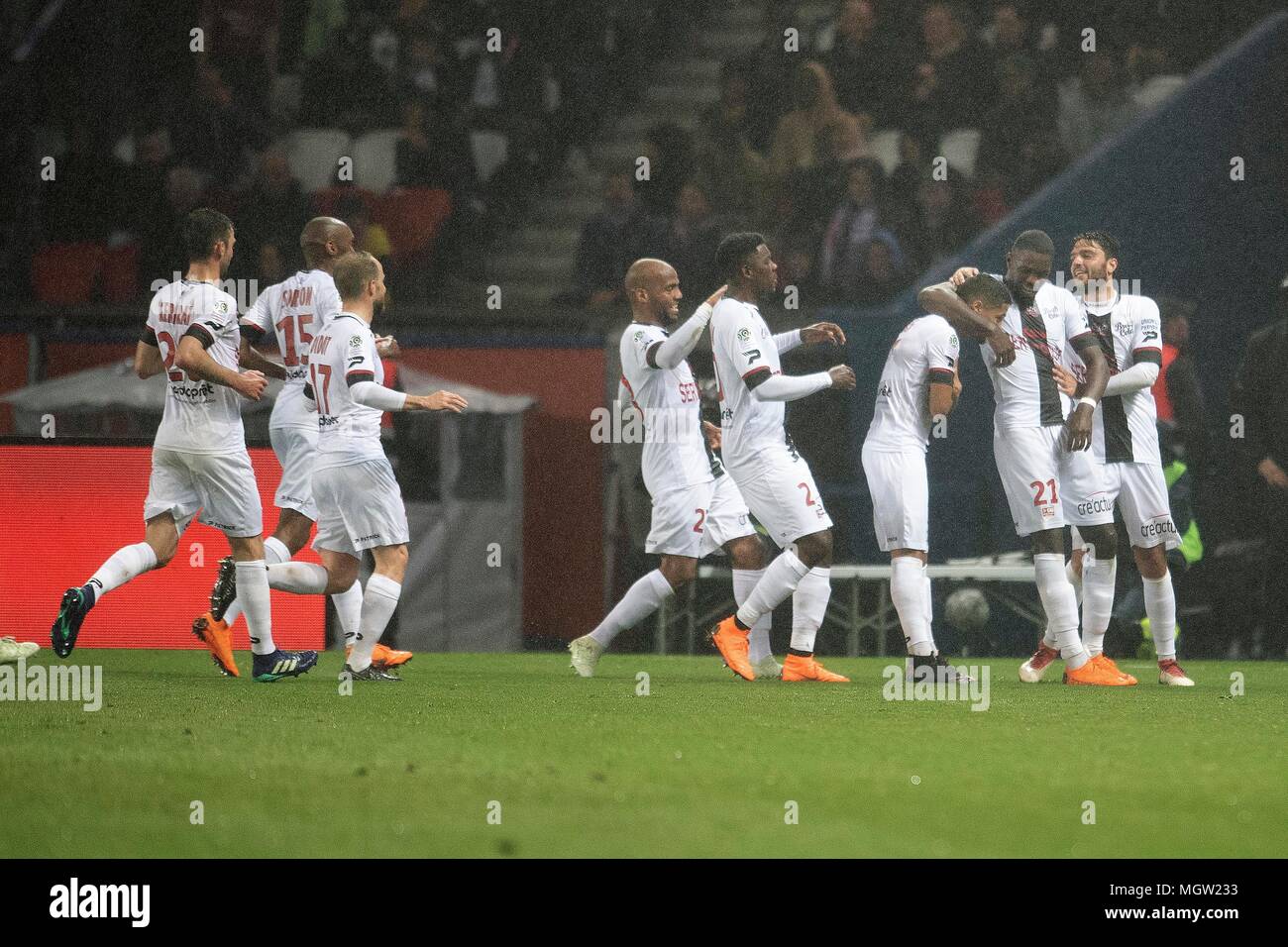 Paris. 29th Apr, 2018. Players from Guingamp celebrate their goal during the match against Paris Saint-Germain of French Ligue 1 2017-18 season 35th round in Paris, France on April 29, 2018. Paris Saint-Germain equals Guingamp with 2-2 at home. Credit: Jack Chan/Xinhua/Alamy Live News Stock Photo