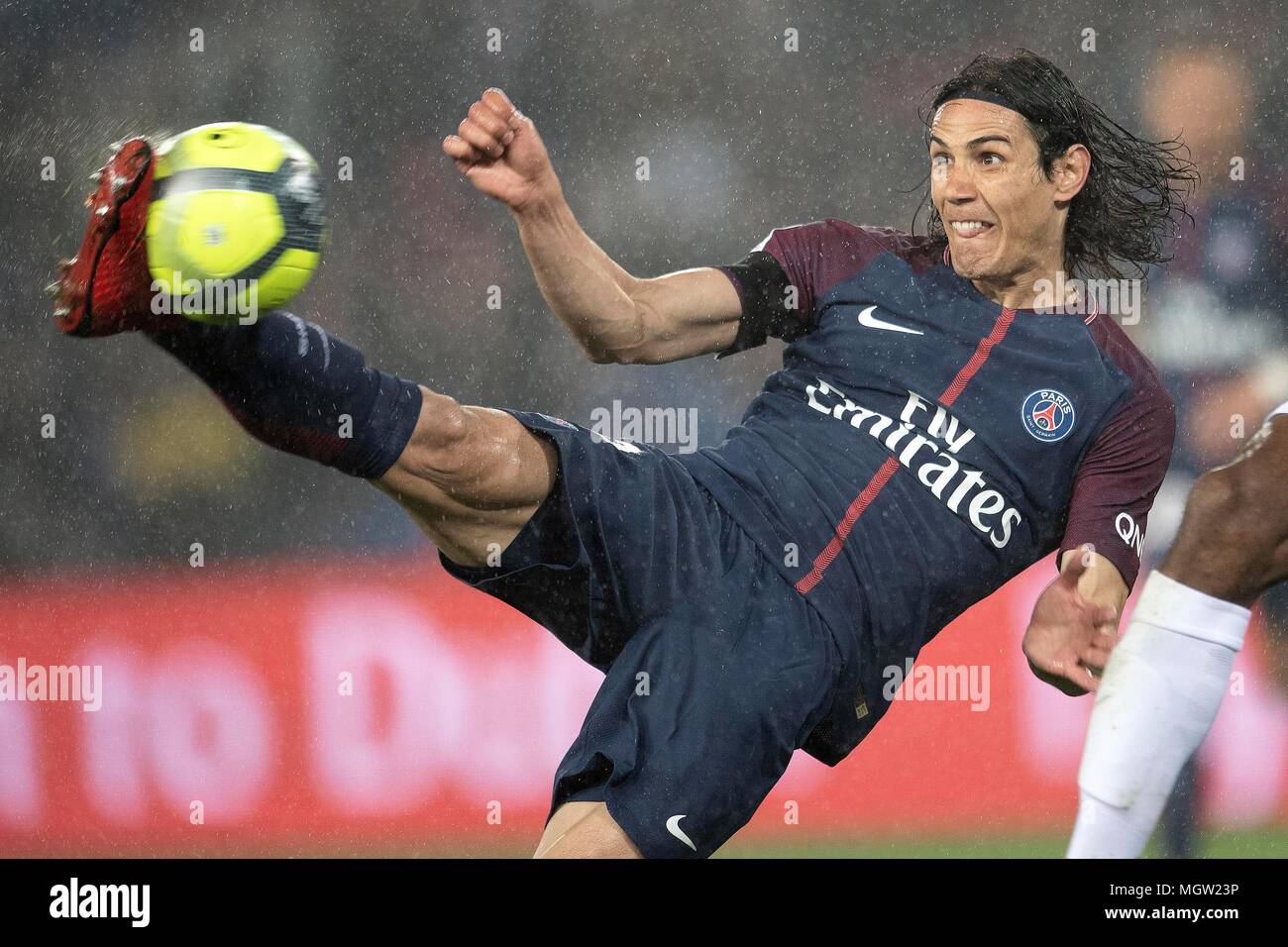 Paris. 29th Apr, 2018. Edinson Cavani from Paris Saint-Germain tries to shoot during the match against Guingamp of French Ligue 1 2017-18 season 35th round in Paris, France on April 29, 2018. Paris Saint-Germain equals Guingamp with 2-2 at home. Credit: Jack Chan/Xinhua/Alamy Live News Stock Photo