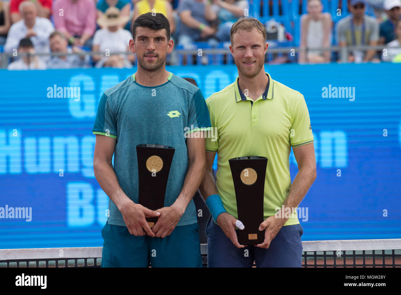 Budapest. 29th Apr, 2018. Dominic Inglot (R) of Britain and Franko Skugor  of Croatia attend the awarding ceremony after winning the men's doubles  final at the Hungarian Open ATP tournament in Budapest,