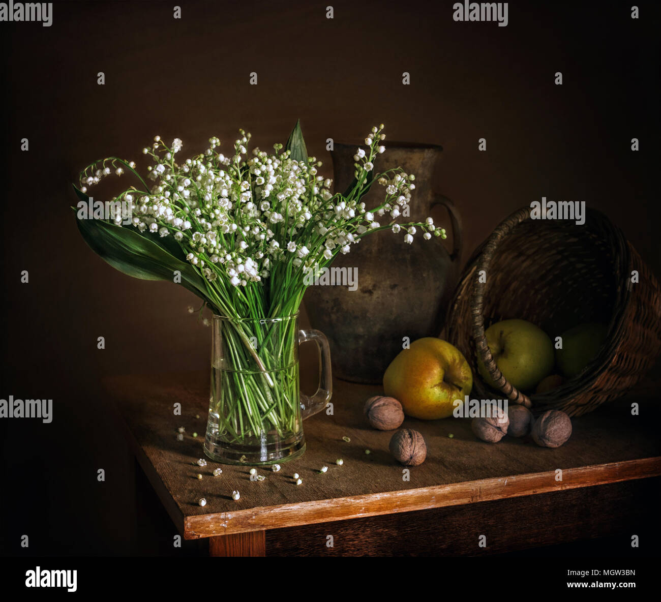Still life with lilies of the valley apples and nuts. Vintage Stock ...
