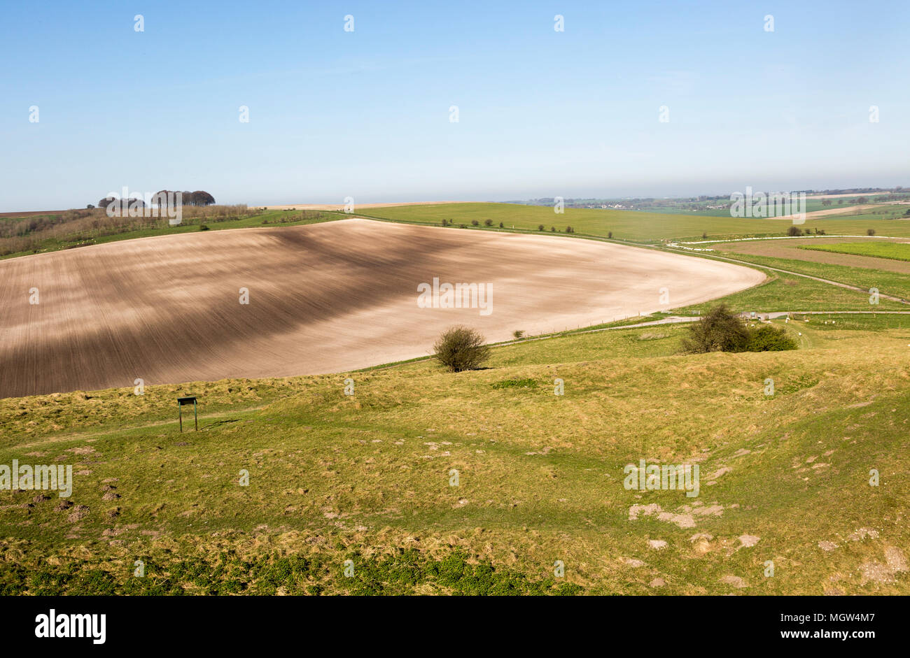 Chalk downland landscape looking west along the Ridgeway, from  Barbury Castle Wiltshire, England, UK Stock Photo