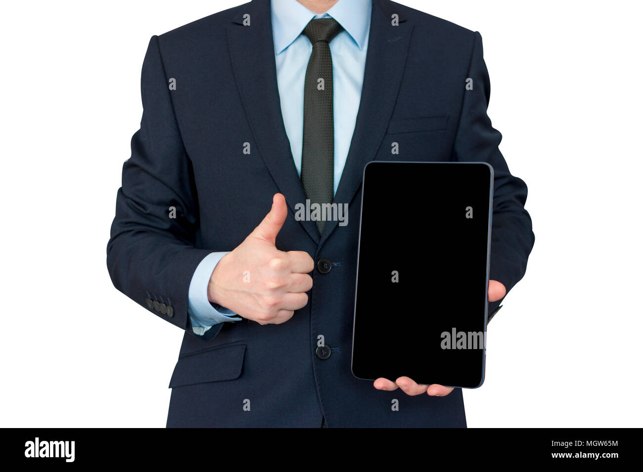 business, communication, modern technology and office concept - buisnessman with tablet pc computer showing thumbs up. Stock Photo