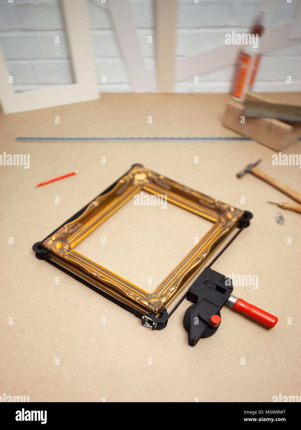 Picture framers work bench. Stock Photo