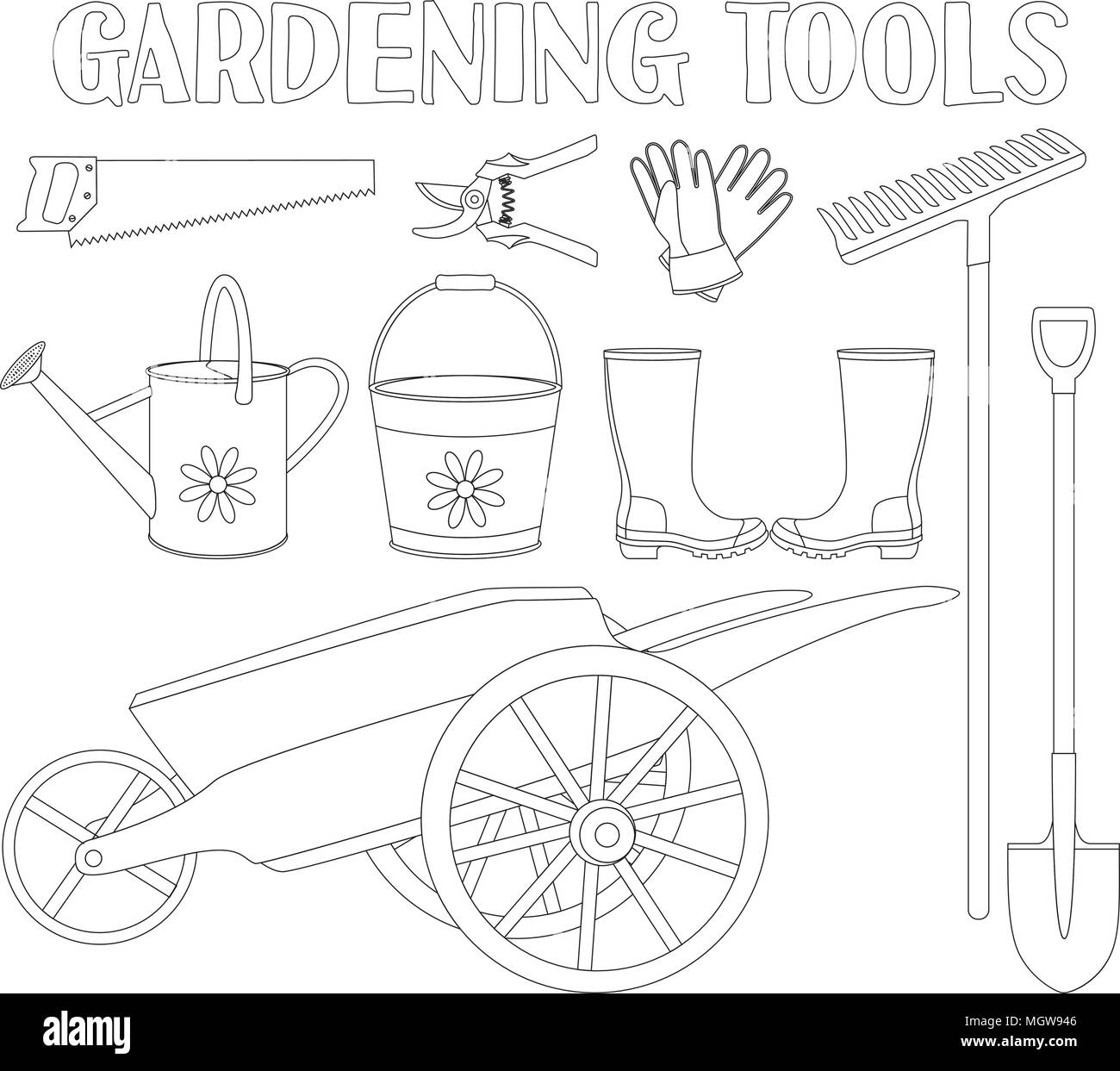 Black and white garden tool set 9 elements. Coloring book page for adults  and kids. Gardening tool vector illustration for gift card certificate  stick Stock Vector Image & Art - Alamy