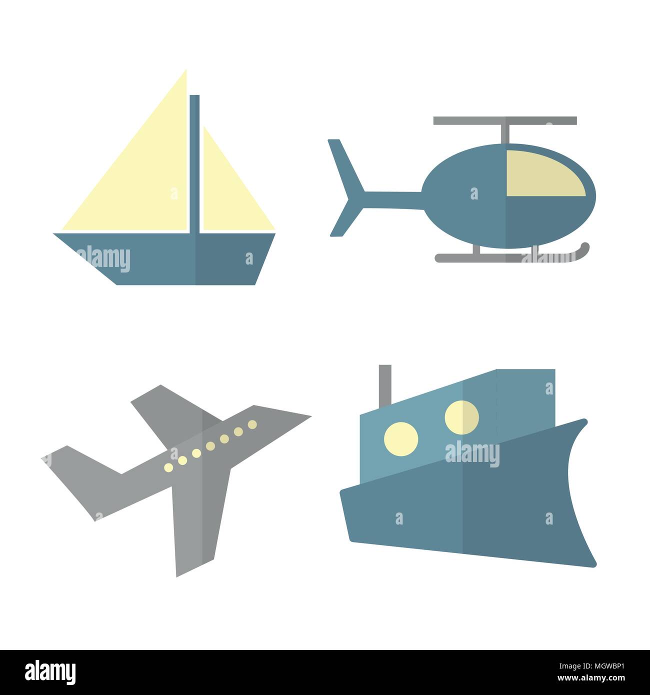 Vector set of transport isolated on white - ship, helicopter, airplane, steamer Stock Vector