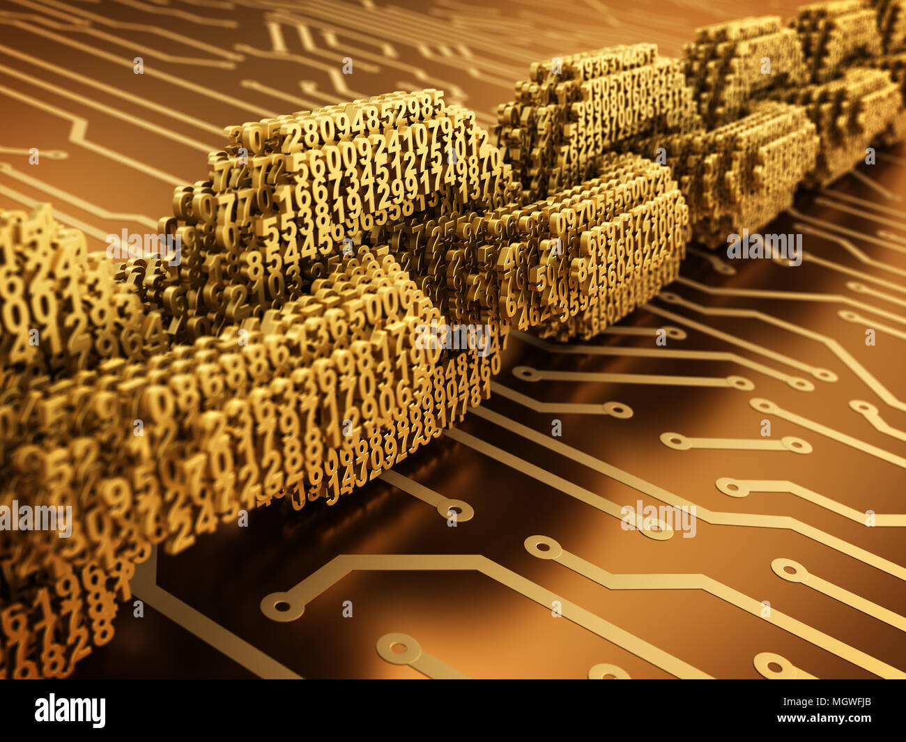 Concept Of Blockchain. Gold Digital Chain Of Interconnected 3D Numbers On Gold Printed Circuit Board. 3D Illustration. Stock Photo