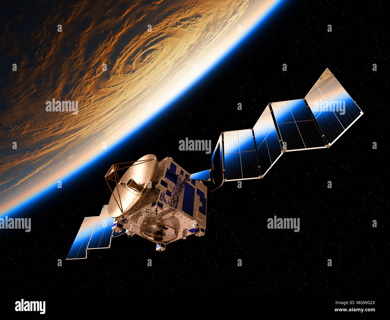 Reflection Of Earth In Deployed Solar Panels Of A Space Satellite. 3D Illustration. Stock Photo