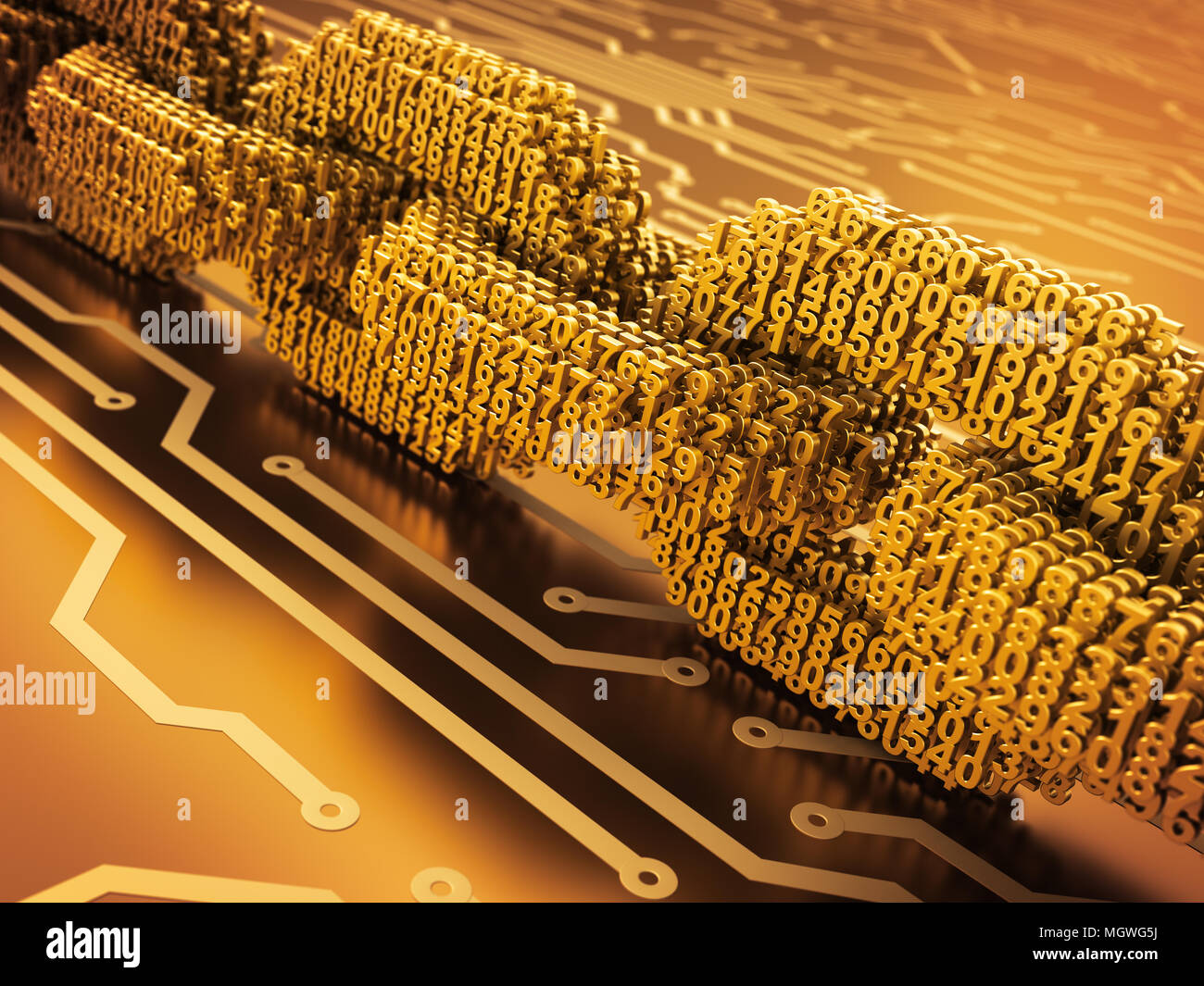 Concept Of Blockchain. Digital Chain Of Interconnected 3D Numbers On Gold Printed Circuit Board. 3D Illustration. Stock Photo