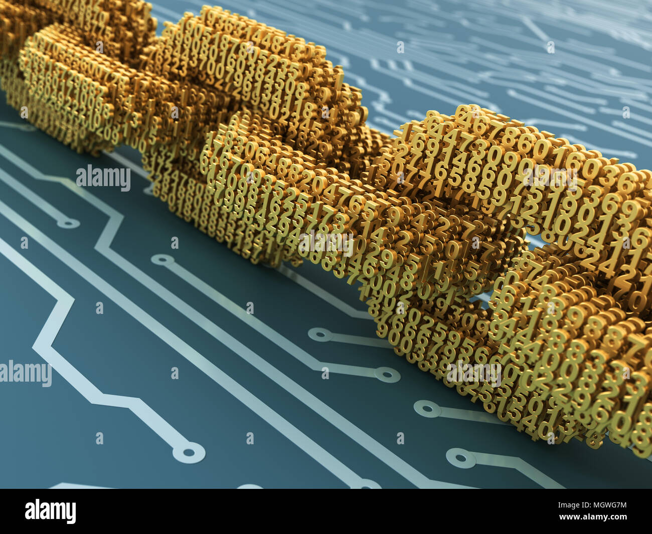 Concept Of Blockchain. Digital Chain Of Interconnected 3D Numbers On Blue Printed Circuit Board. 3D Illustration. Stock Photo