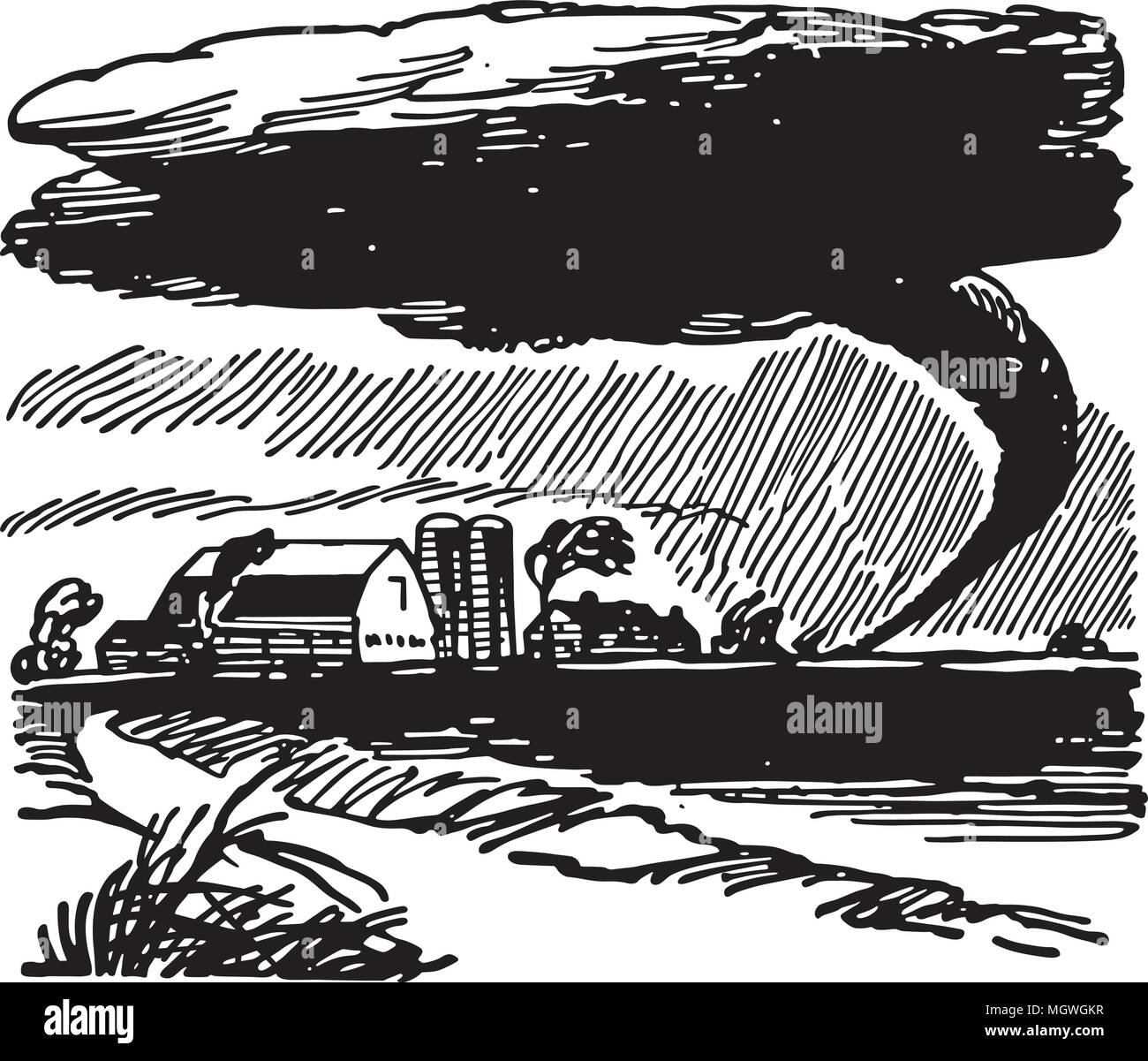 Tornado Approaching Farm - Retro Clipart Illustration Stock Vector