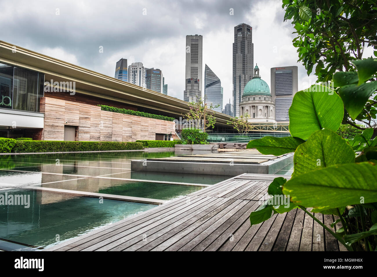 Rooftop garden, National Gallery of Singapore, with city buildings in background, Singapore Stock Photo