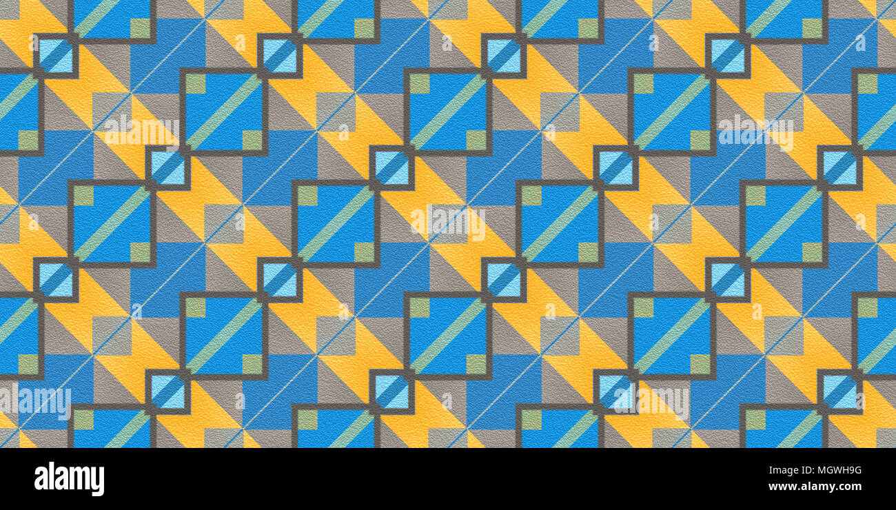 Yellow Blue Seamless Modern Maya Pattern Background. Geometric Ethnic Ornament Texture. Aztec Decorative Backdrop. Stock Photo