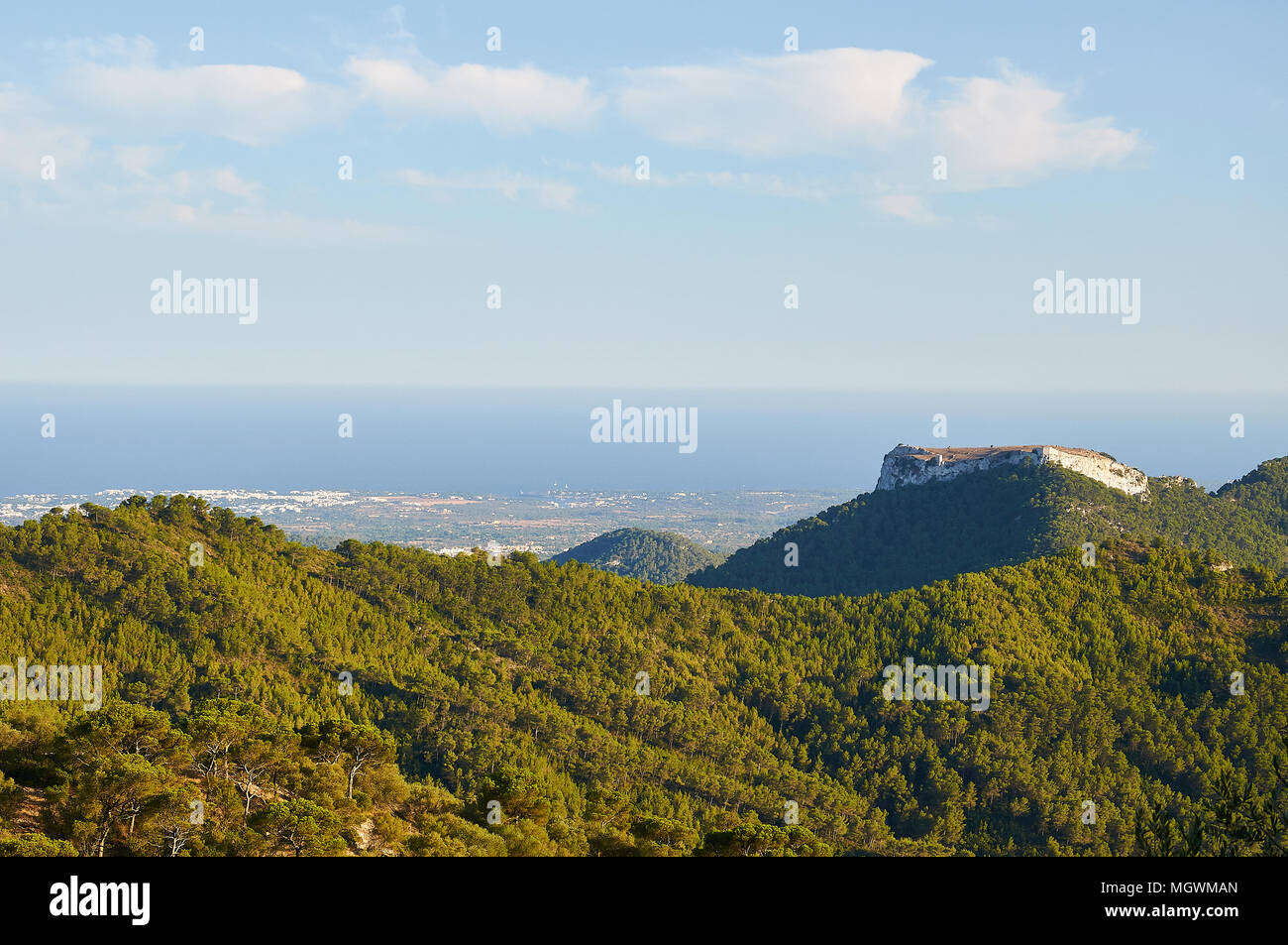 Panoramic view from Sant Salvador Sanctuary showing Santueri Castle, Cala d'Or and mediterranean coastline (Felanitx, Majorca, Balearic Islands,Spain) Stock Photo
