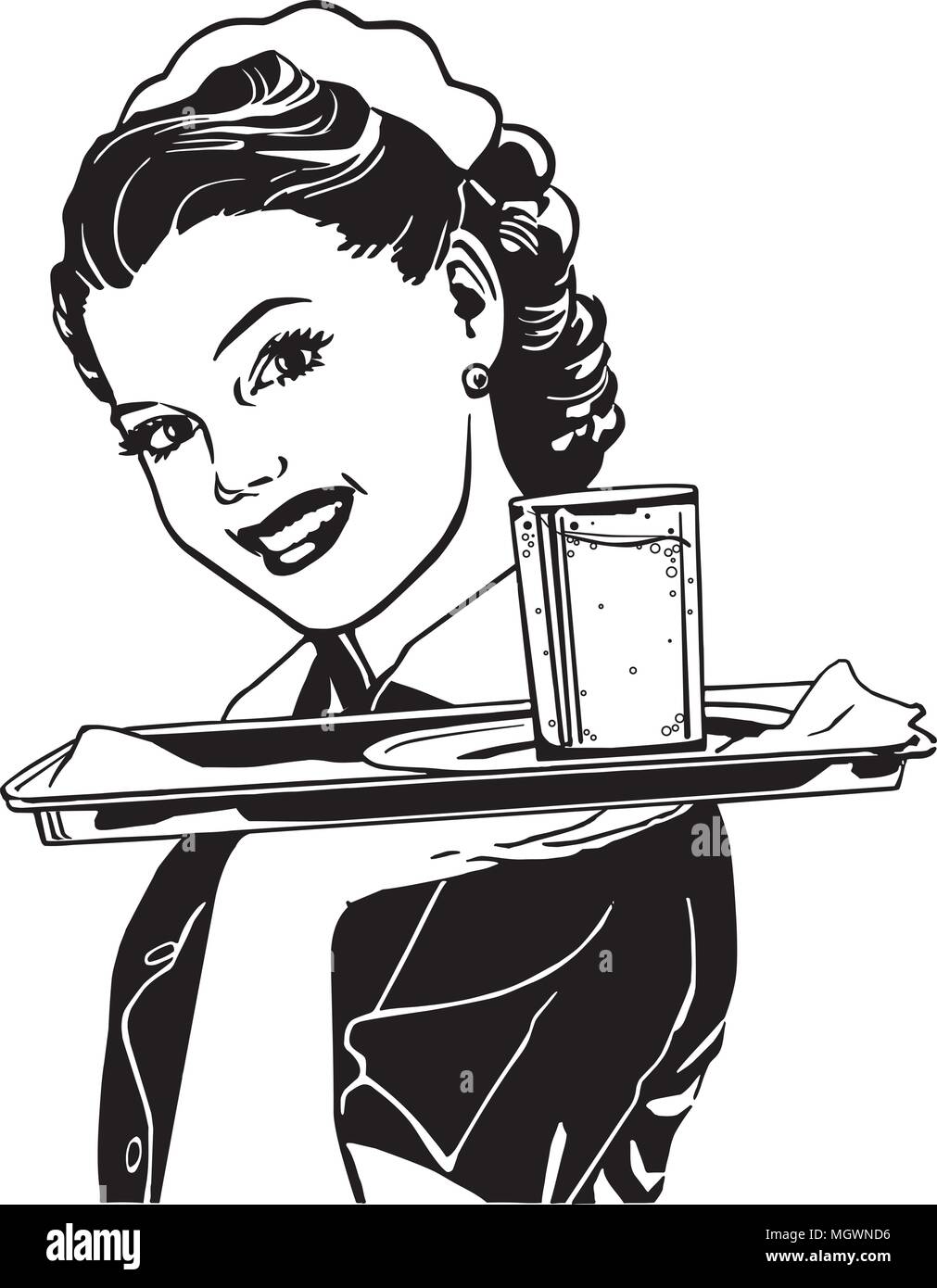 Waitress With Tray - Retro Clipart Illustration Stock Vector