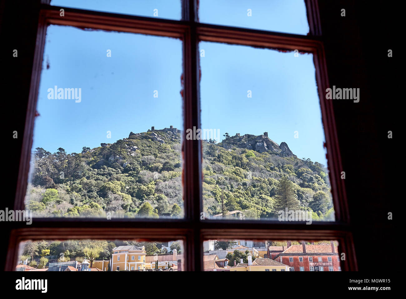 Worms eye view of the impressive Palace da Pena over the hill in Sintra, Lisbon. Portugal. summer spring. Window view Stock Photo
