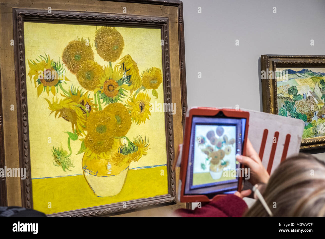 Photographing,mobile,camera,phones,Vincent,Van Gogh,Sunflowers,painting,National Gallery,Trafalgar Square,London,England,Great Britain,GB,U.K.,UK, Stock Photo