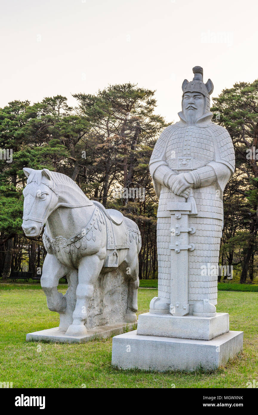Scientifics and horses statues on the Road to the tombs of Ancient Koguryo Kingdom, Pyongyang, North Korea Stock Photo