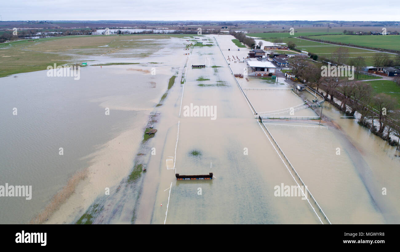 Aerial picture shows the home straight at Huntingdon Racecourse in Cambridgeshire on Easter Monday afternoon (April 2nd) after heavy rain flooded the area causing the todays race meeting to be cancelled. Stock Photo