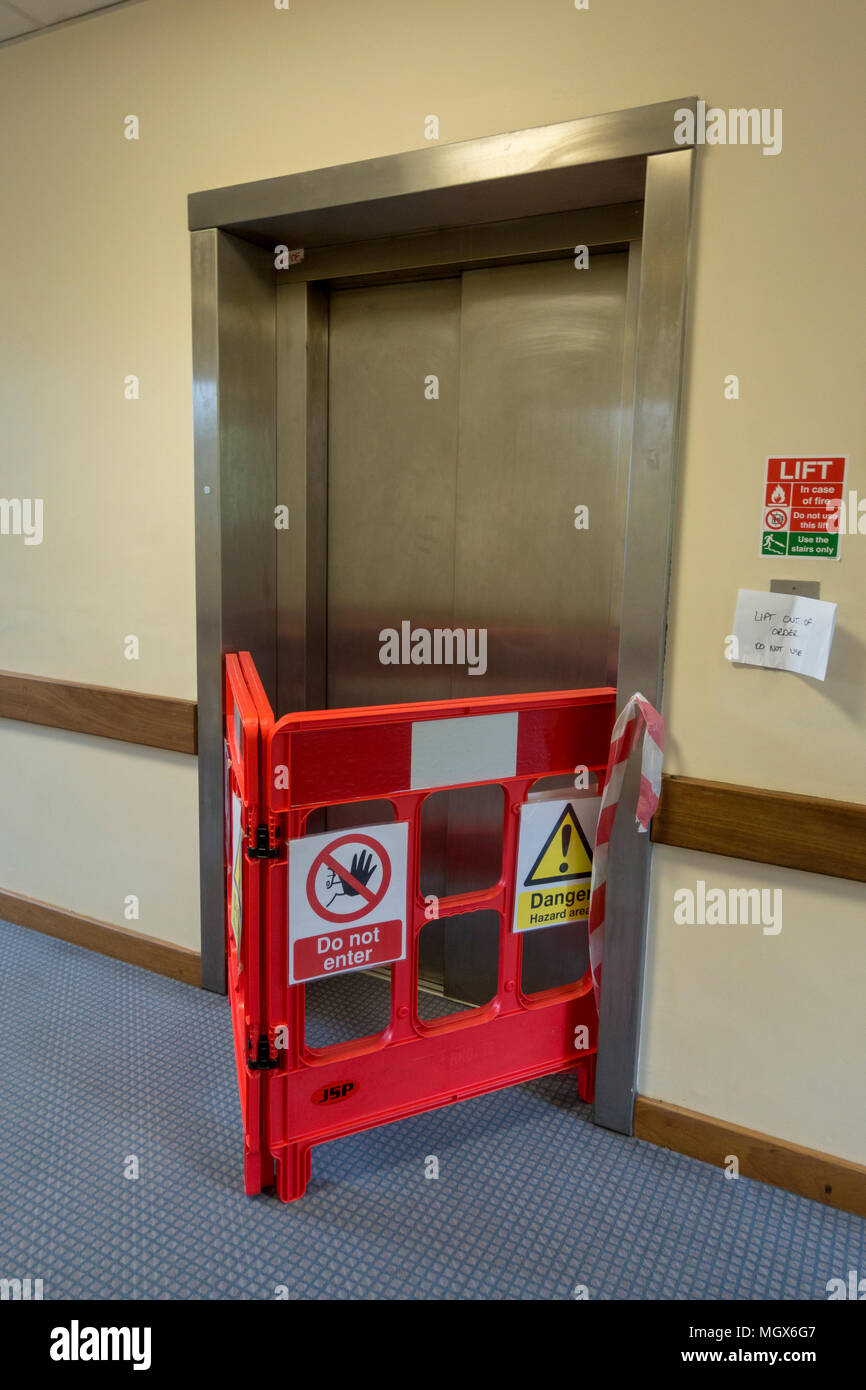An out of order lift in a secondary school in London, UK. Stock Photo