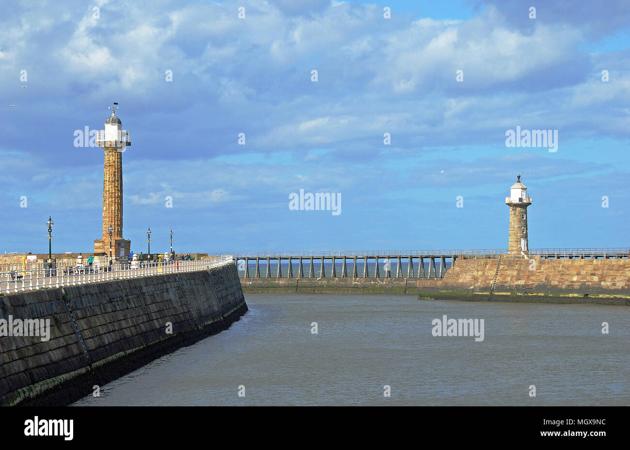 Whitby, North Yorkshire, UK. A view of the entrance to Whitby Harbour taken from inside the harbour looking towards the North Sea. Stock Photo