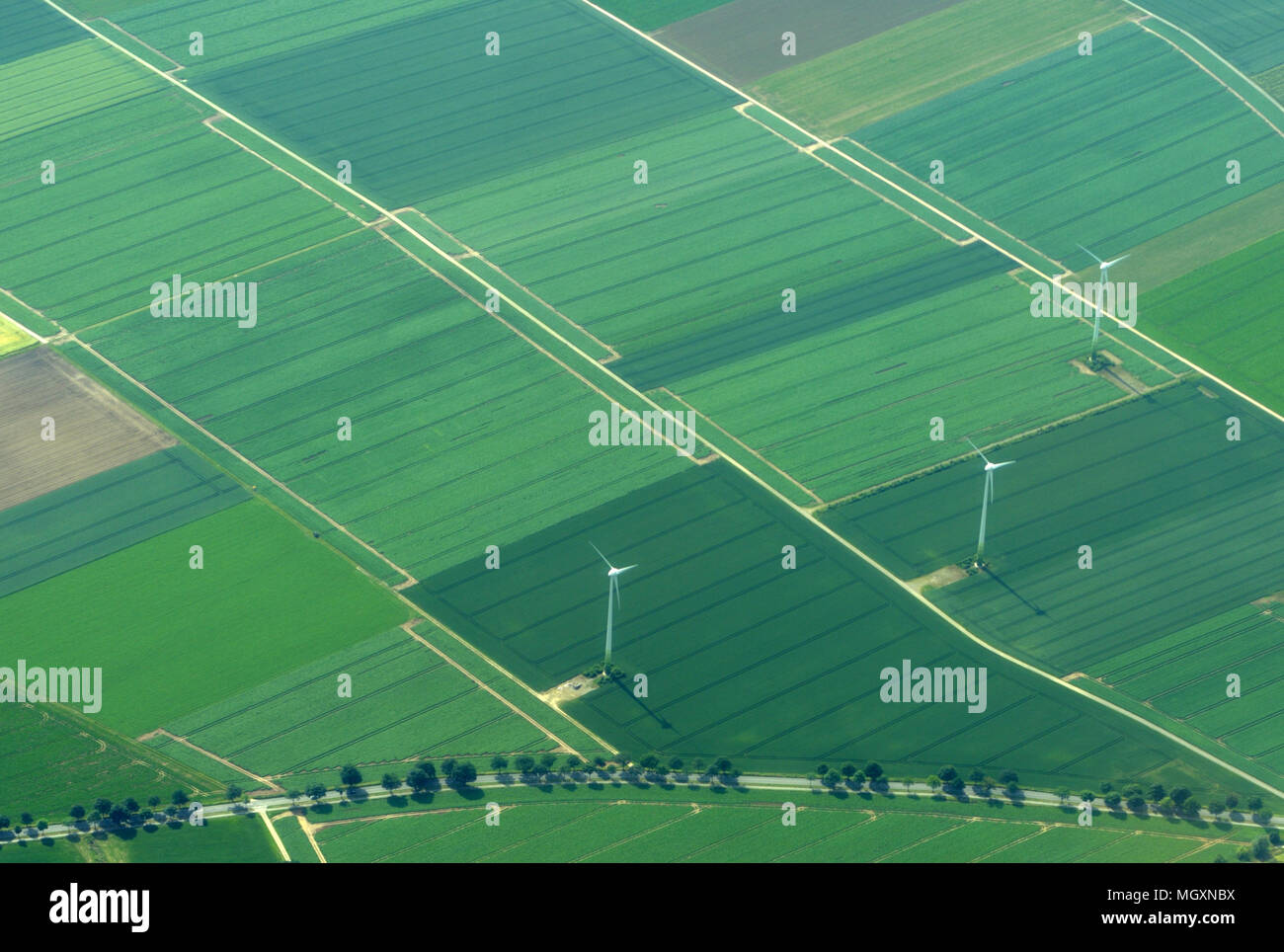 Rural landscape with wind turbines. View from the airplane, Germany Stock Photo