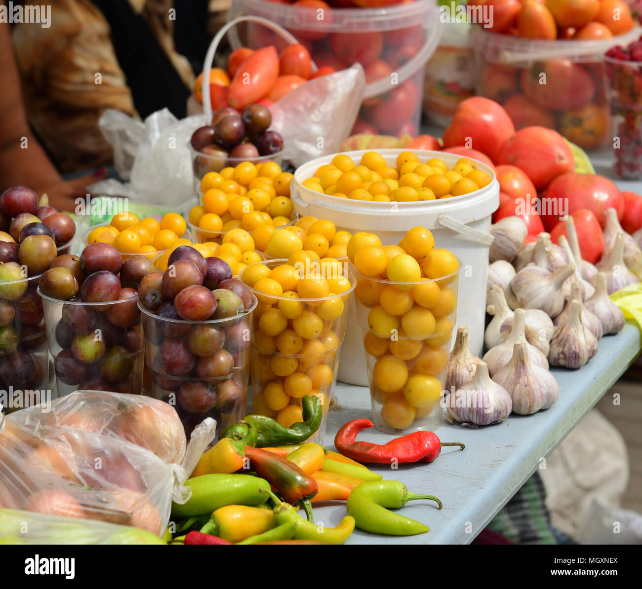 sale of fruits and vegetables on market in Russia Stock Photo