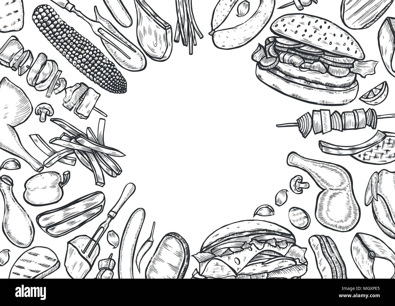 Hand drawn Grilled vegetables top view frame, vegetarian cuisine. Grill