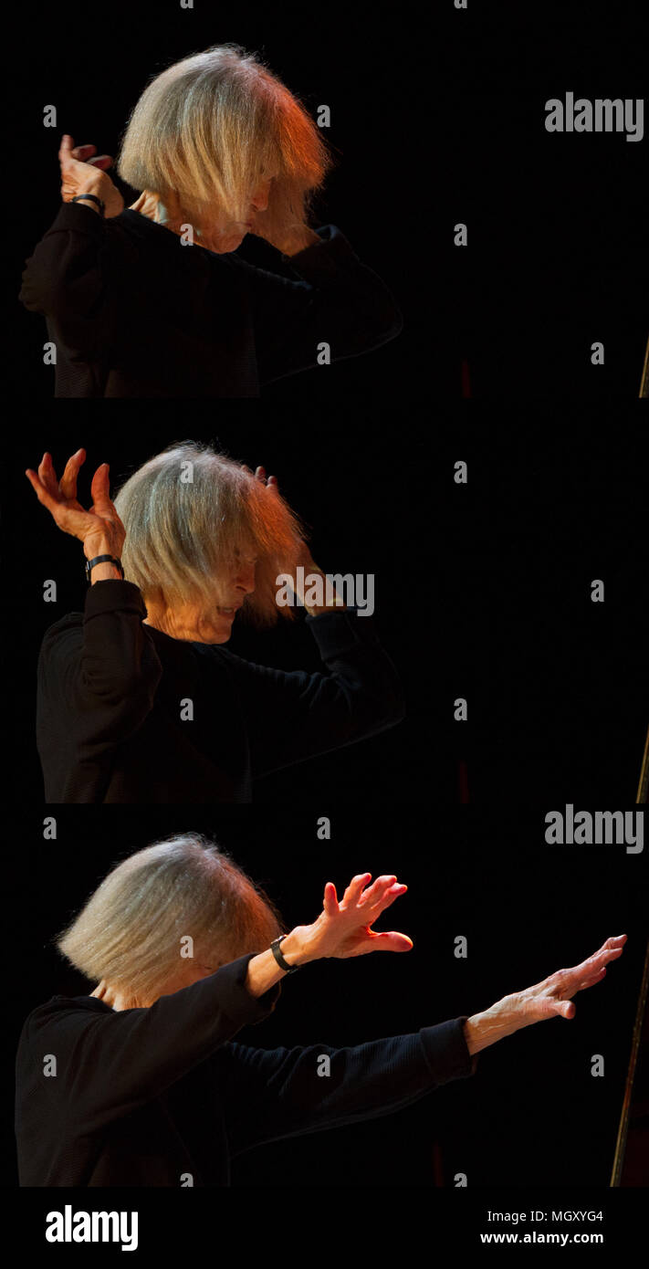 Torino, Italy. 28th April 2018. Photo composition of American  jazz composer and pianist Carla Bley conducting the orchestra at Torino Jazz Festival Stock Photo