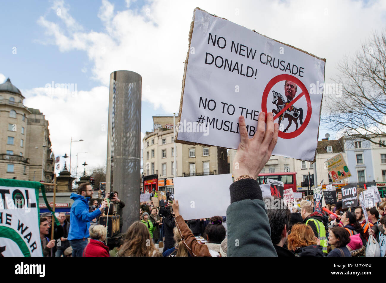 Bristol, UK, 04-02-17 Protesters carrying anti trump placards are pictured at a protest march against President Trump's Muslim Ban and state visit Stock Photo