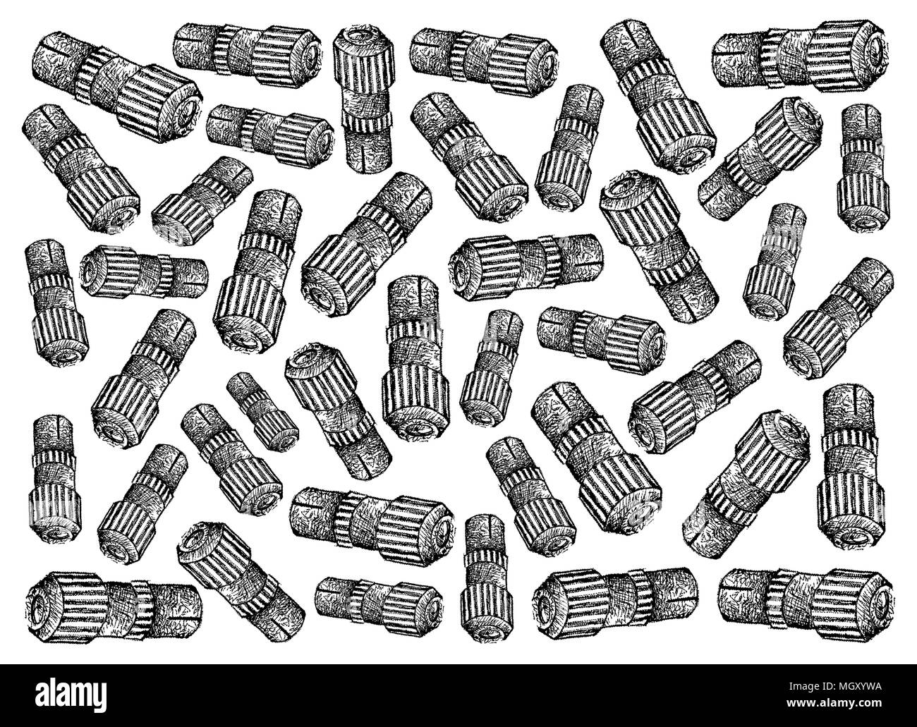 Illustration Wallpaper Background of Hand Drawn Sketch of TV Aerial Plugs or Professional Coaxial Cable Television Connectors, Used to Connect Coaxial Stock Photo