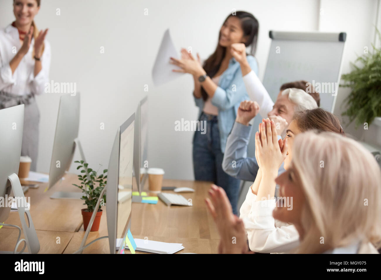 Corporate team people clapping hands celebrating success or cong Stock Photo