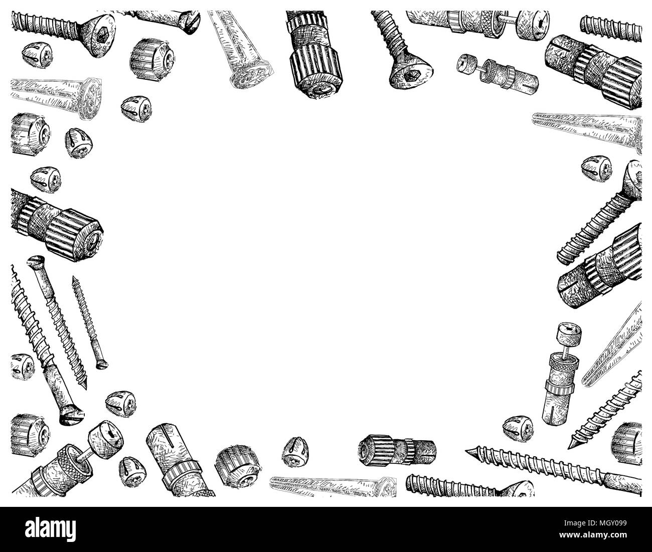 Manufacturing and Industry, Illustration Wallpaper Background of Hand Drawn Sketch of Countersunk Socket Cap Screws TV Aerial Plugs and Sleeve Anchors Stock Photo