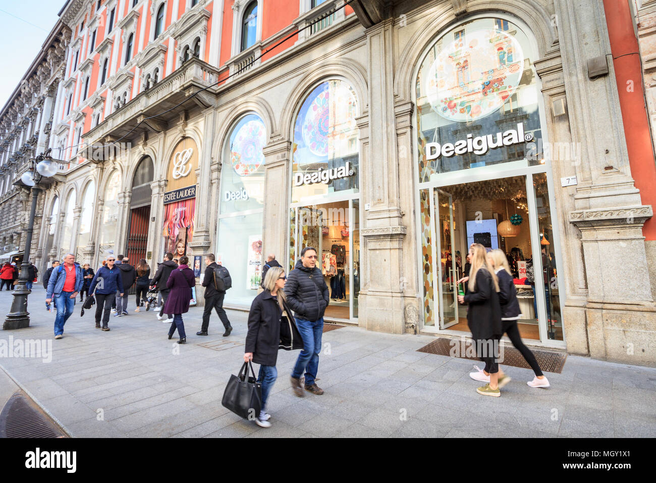 Milan, March 2018: Shop window of Desigual in Shopping Street of fashion  and design capital of the world, on March 2018 in Milan, Italy, Europe  Stock Photo - Alamy
