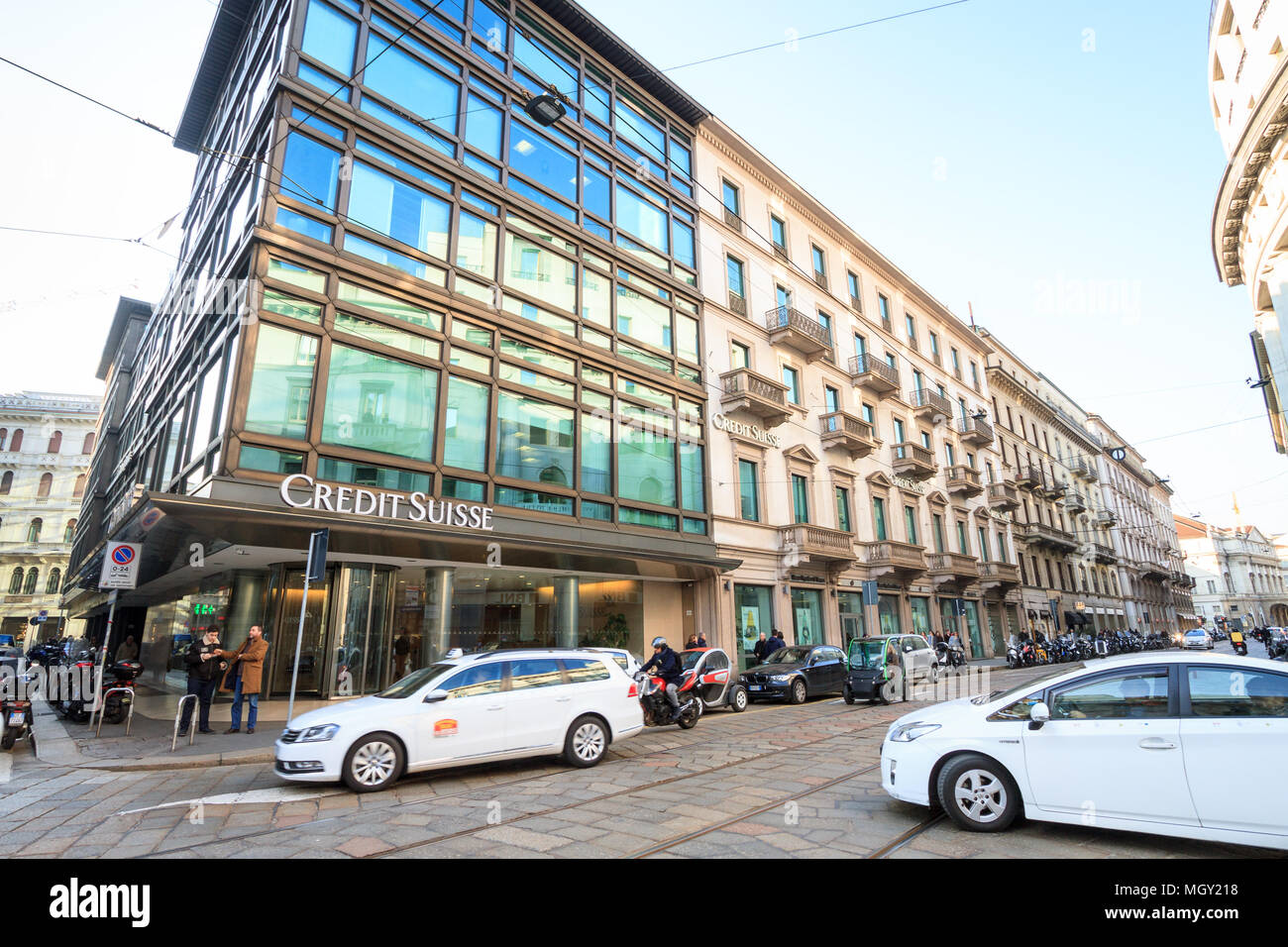 Milan, March 2018: Windows and signs of Credit Suisse, in fashion and design capital of the world, on March 2018 in Milan, Italy Stock Photo