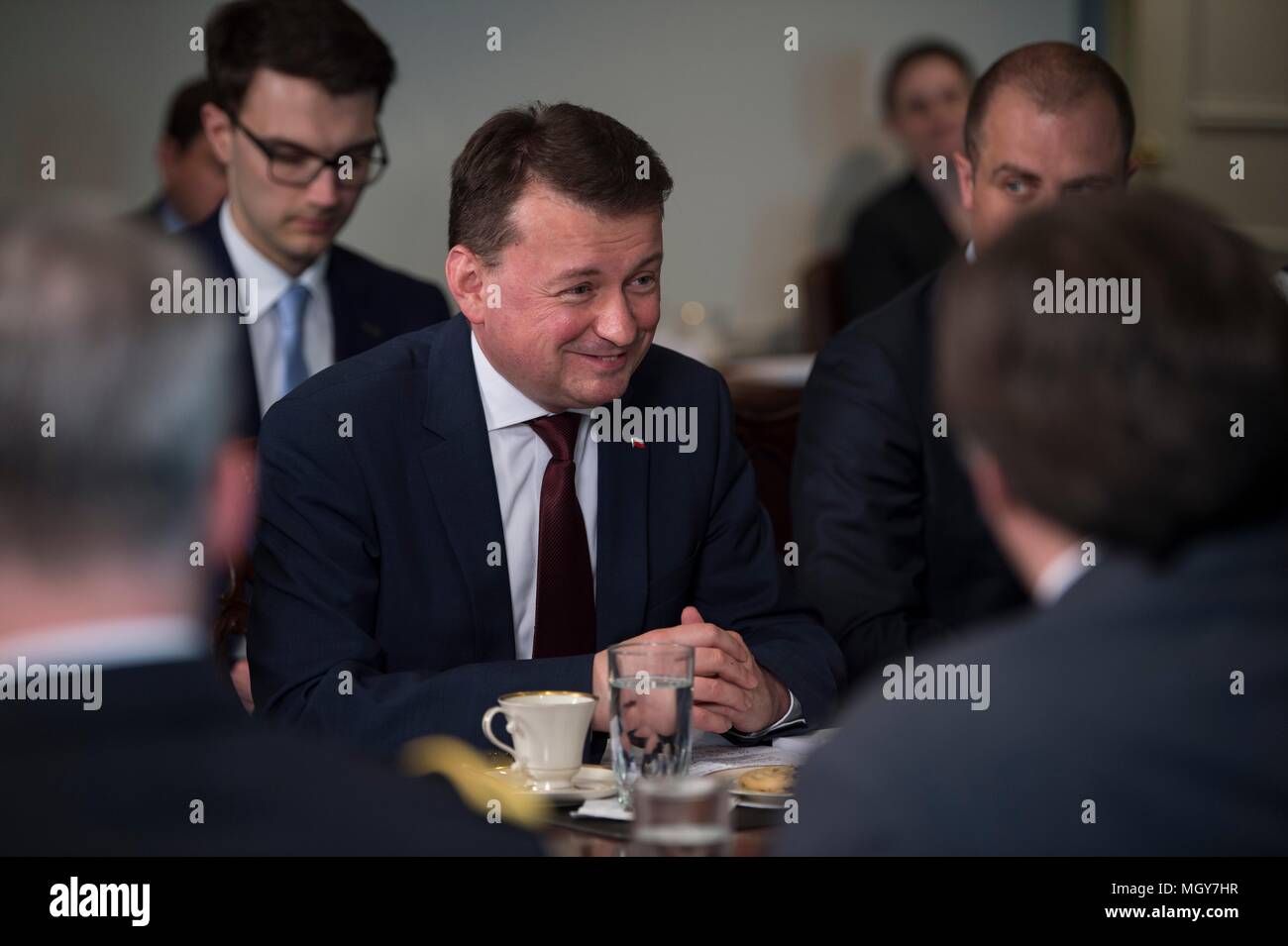 Polish Defense Minister Mariusz Blaszczak during a bilateral meeting with U.S. Secretary of Defense Jim Mattis at the Pentagon April 27, 2018 in Arlington, Virginia. Stock Photo