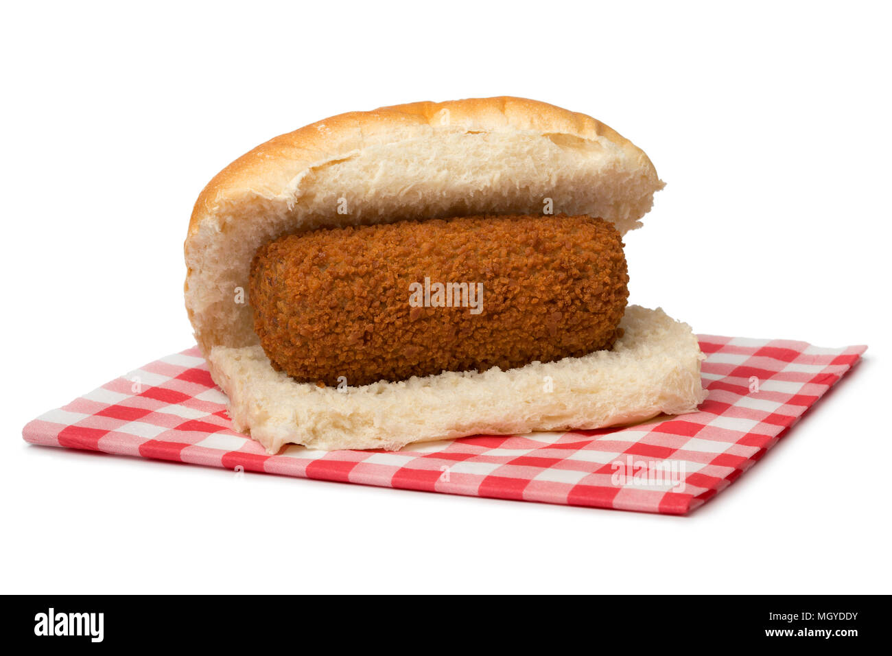 Traditional white bun with a Dutch kroket, called broodje kroket isolated on white background Stock Photo