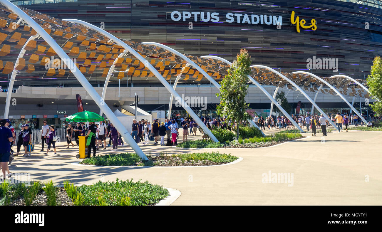 AFL Australian Rules Football fans going to the first derby of Fremantle Dockers and West Coast Eagles at Optus Stadium, Perth, WA, Australia. Stock Photo