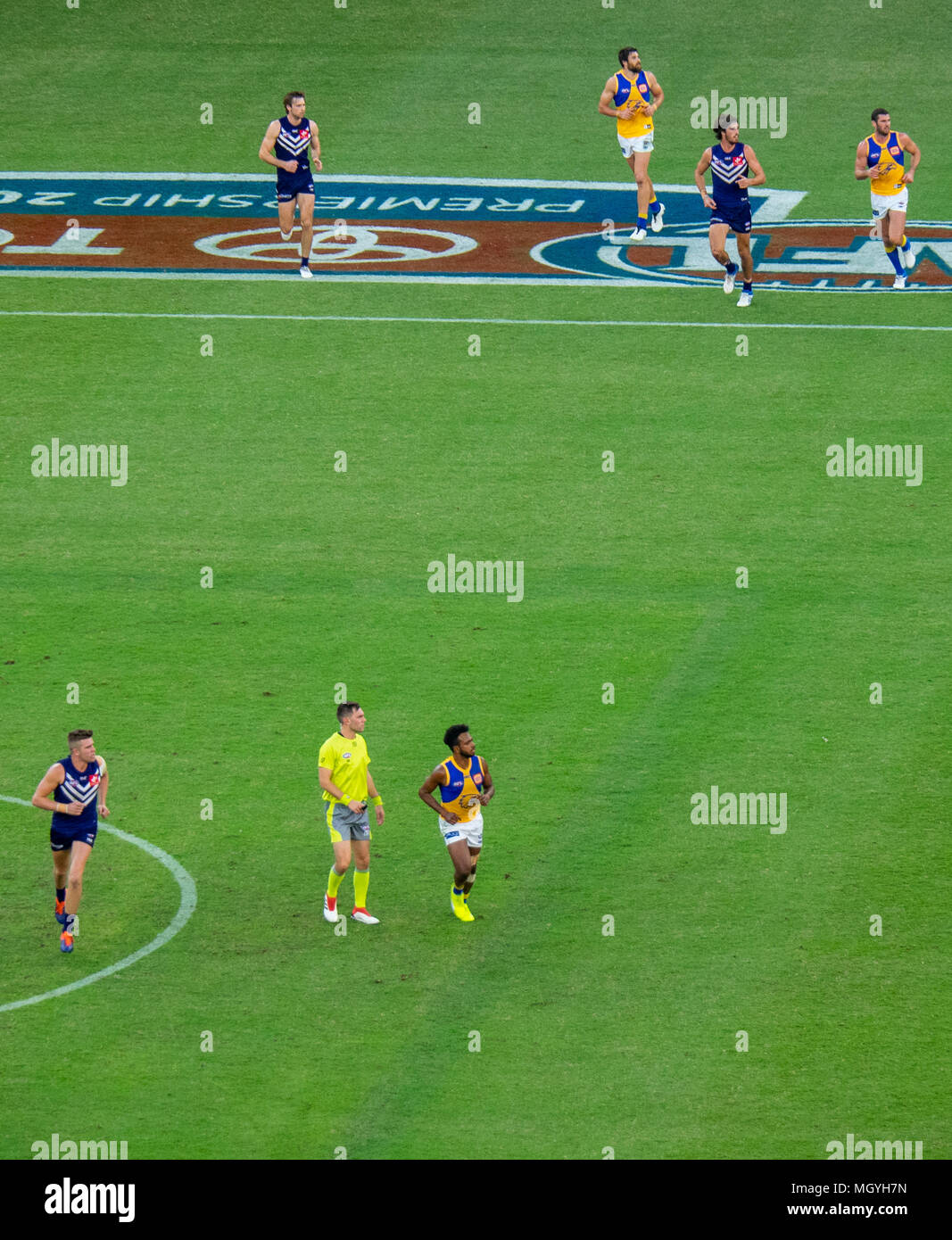 The first derby AFL, Australian Rules Football game between Fremantle Dockers and West Coast Eagles at Optus Stadium, Perth WA. Stock Photo