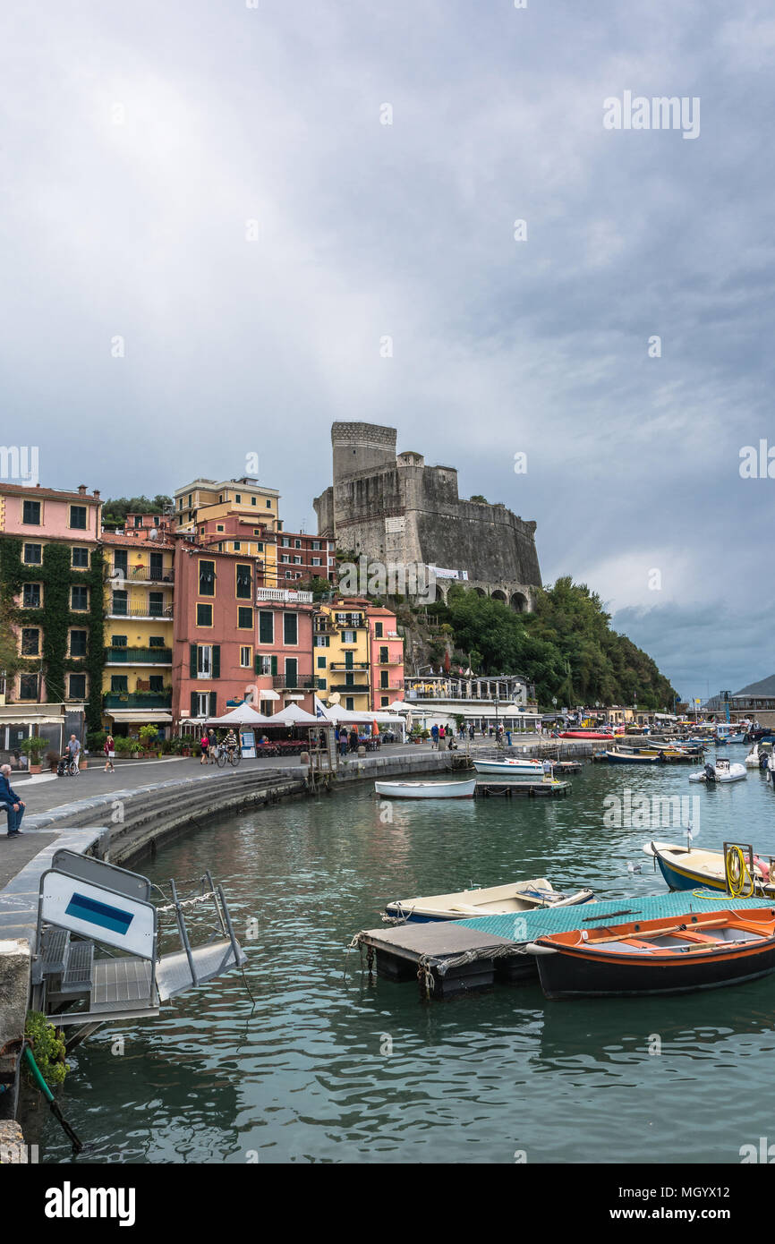 View of Lerici and its Castle from the beach, Italy Stock Photo