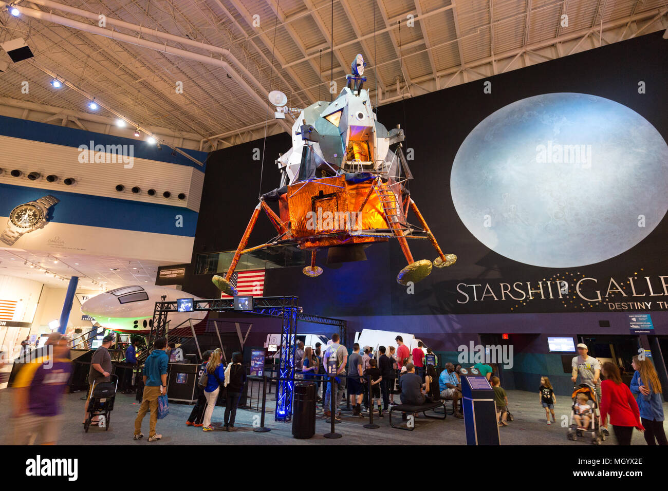 NASA Space Centre Houston - visitors looking at the Apollo Lunar Landing Module at the Johnson Space Centre, Houston, Texas USA Stock Photo