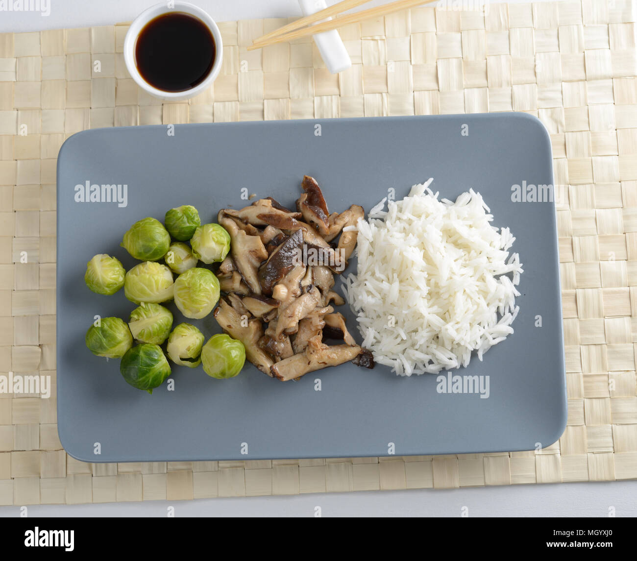 Shiitake with rice and Brussel sprout Stock Photo