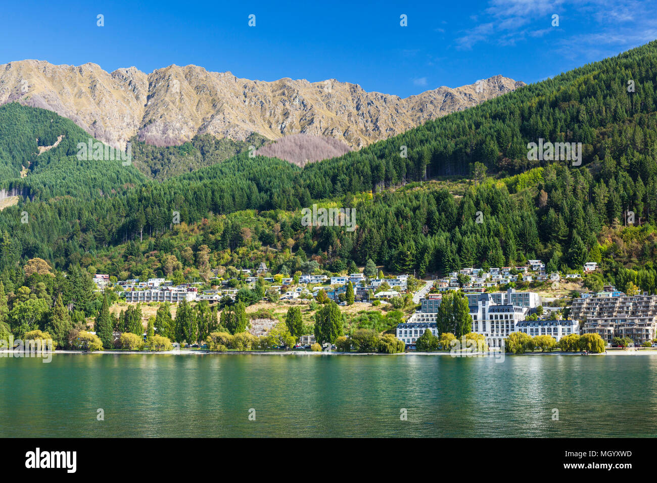 Queenstown South Island new zealand view of hotels and businesses on lake esplanade queenstown the lakeside of Lake wakatipu queenstown nz Stock Photo