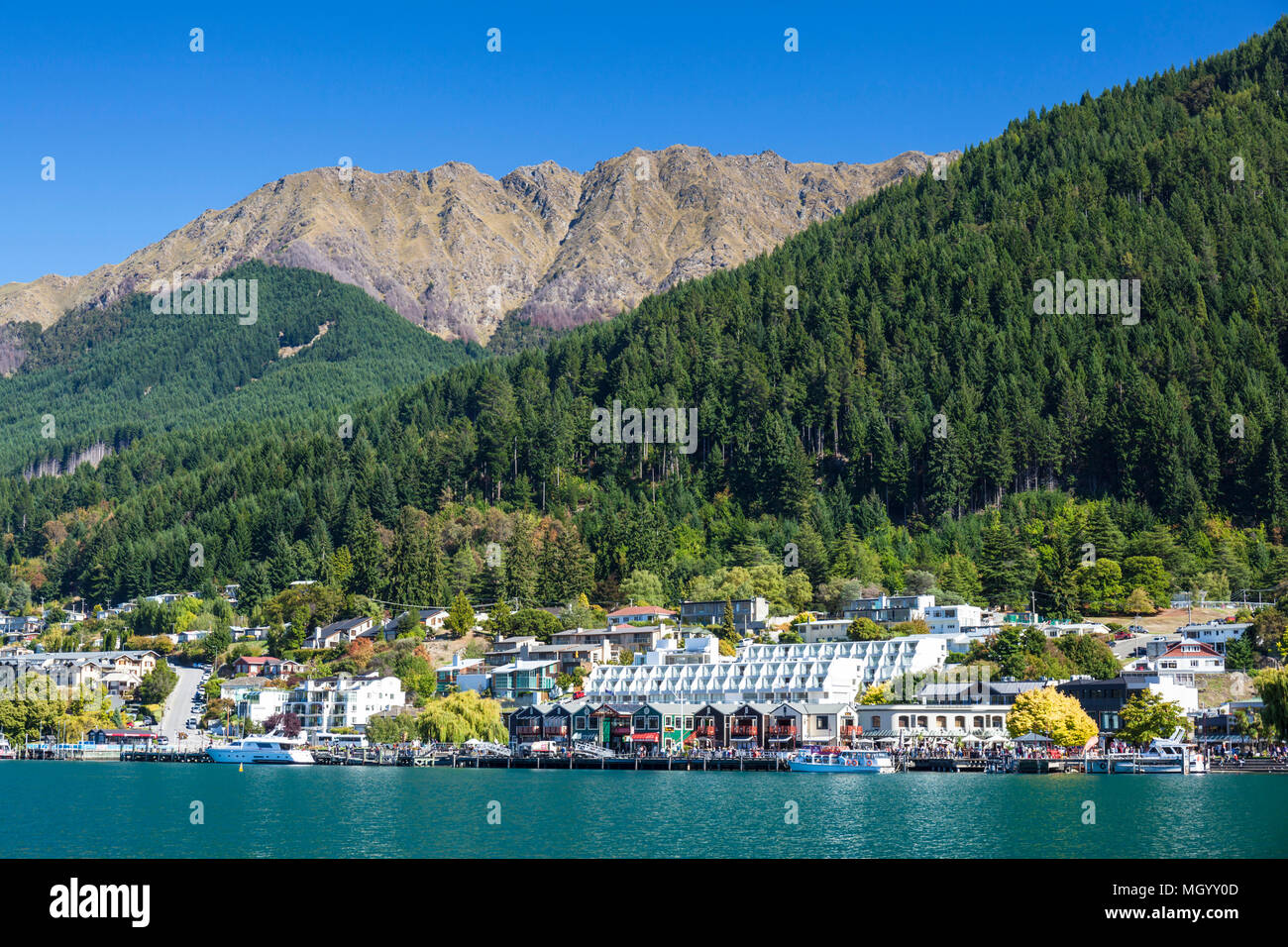 Queenstown South Island new zealand view of hotels and businesses on lake esplanade queenstown the lakeside of Lake wakatipu queenstown nz Stock Photo