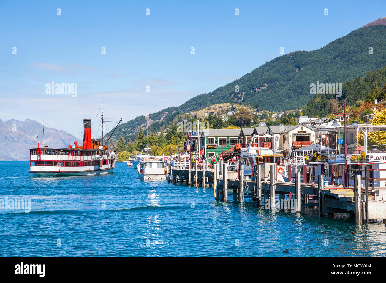 TSS Earnslaw Cruise on Lake Wakatipu to walter peak departing from the dock at Queenstown new zealand south island Queenstown South Island new zealand Stock Photo