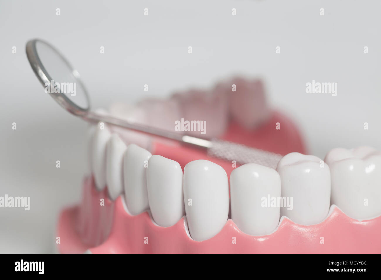 White human teeth model and dental mirror instrument on white