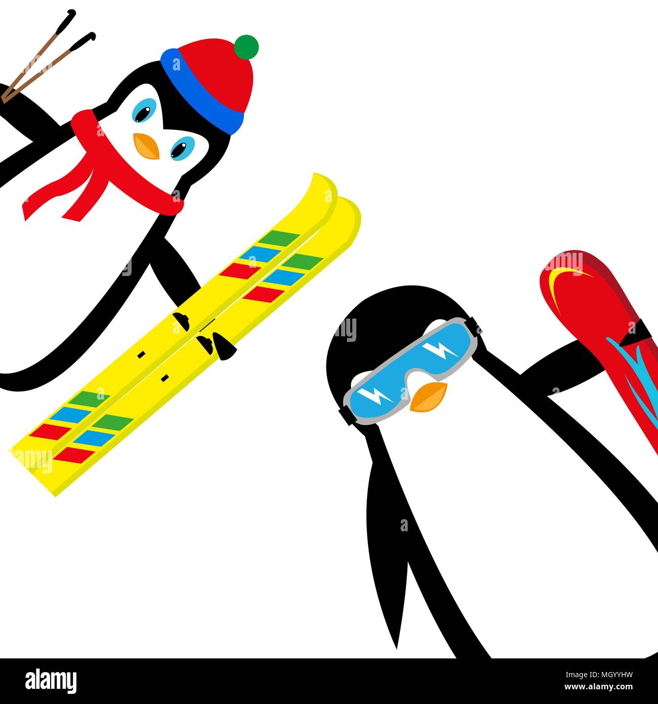 cartoon penguins snowboarder and skier Stock Vector